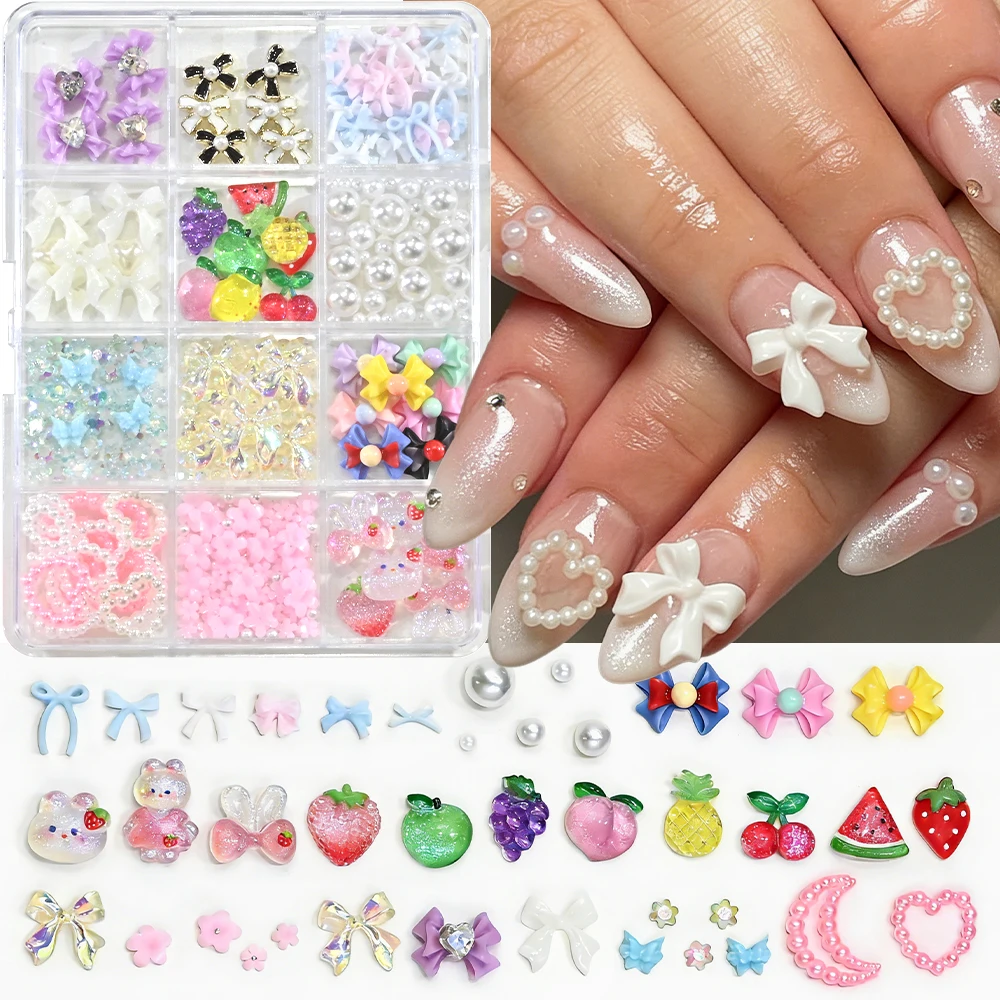 

12Grids Aurora Bow Apples Peaches Grapes Nail Charms Blusher Bunny Fruit Spring Nail Decorations DIY Resin Nail Accessories Part