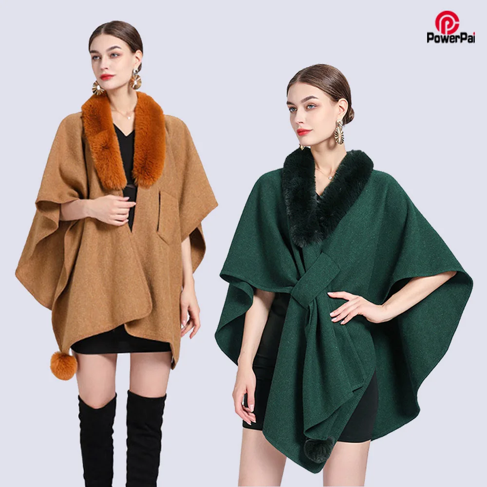 

Faux Rex Rabbit Fur Collar Blends Cape Versatile Shawl Coat Cloak Women Autumn Winter Fashion Loose Woolen Poncho Wraps