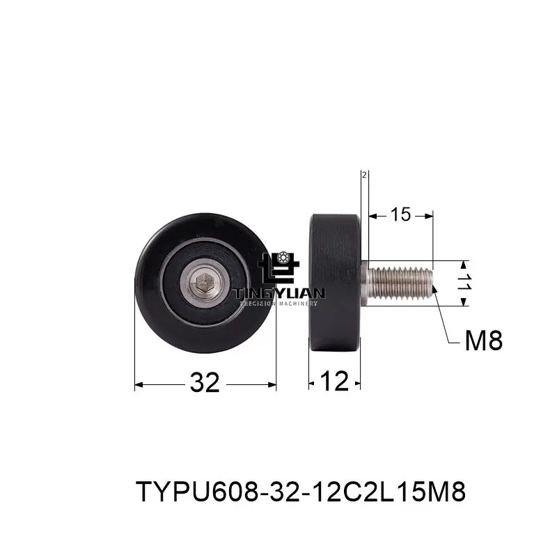 Polyurethane Roller TYPU608-32-12mm  Flat Type ID8 OD32 TPU 1pcs  Black Wheel Roller Pulley With 304 Screws  Guide Wheel