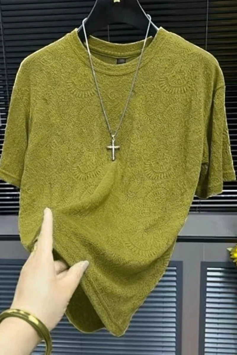 Men's White Short Sleeve T-Shirt with Subtle Floral Embossed Print Round Neck Casual Basic Tee Breathable Summer Top