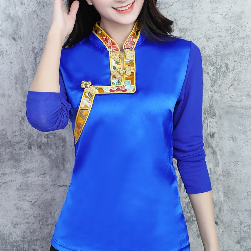 Traditional Chinese Ethnic Style Top Long Sleeve Spring Autumn Tibetan Clothes Women Blouse Shirt Tibet Clothing