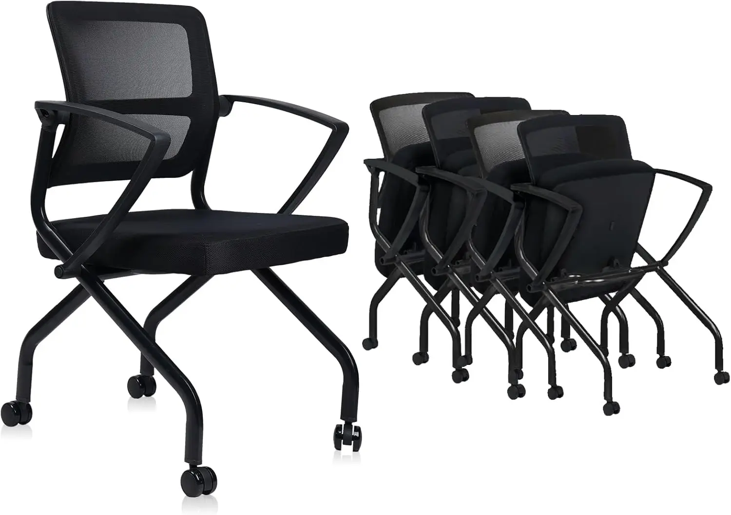 Clatina Foldable Mesh Ergonomic Training Room Chair Guest Reception Stack Chairs With Caster Wheels And Arms For Office School