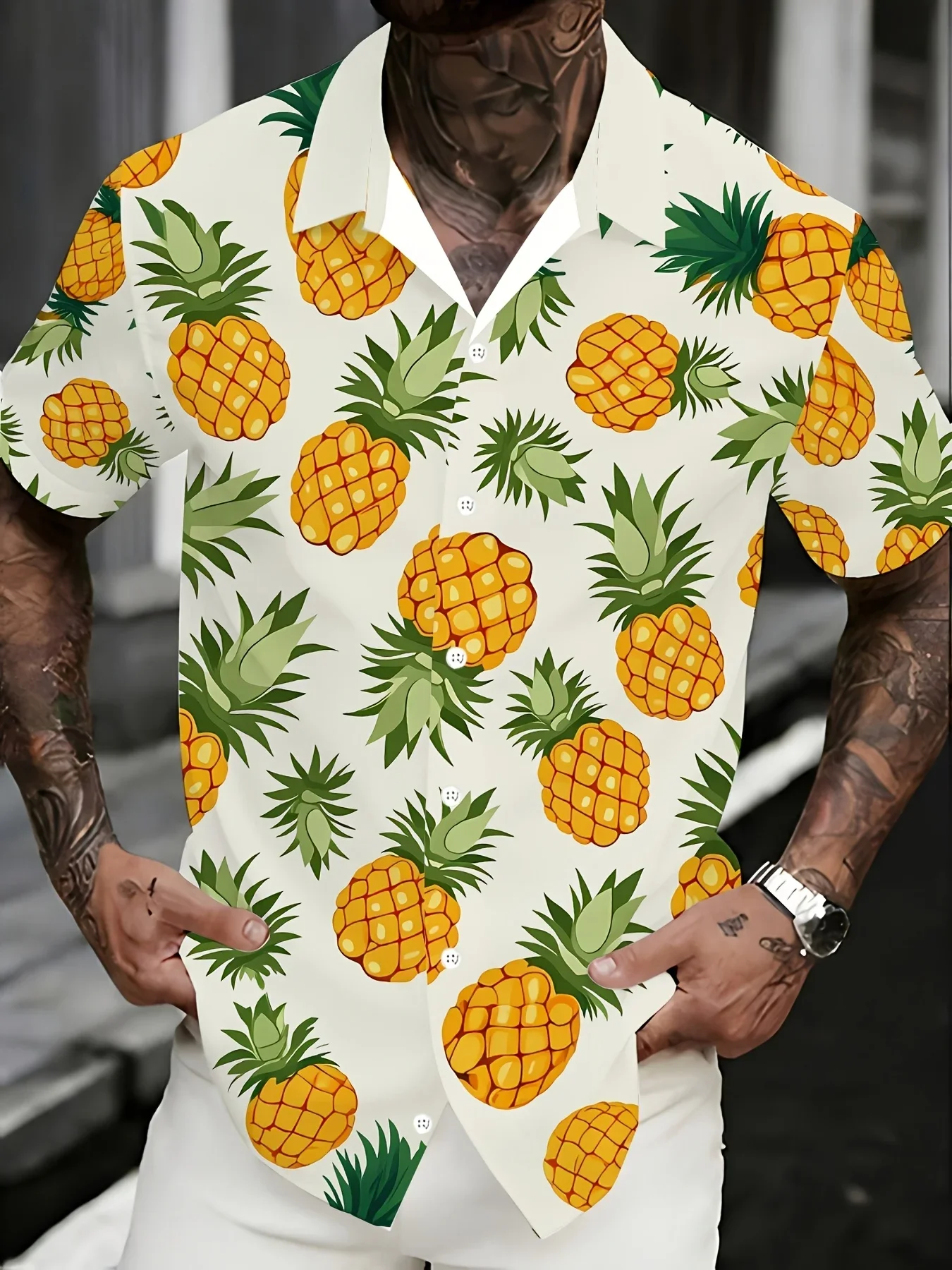 Summer Mens Cute Cartoon Pineapple Fruit Flower Print Hawaiian Shirts Beige Short Sleeve Button Up Tops Holiday Beach Casual