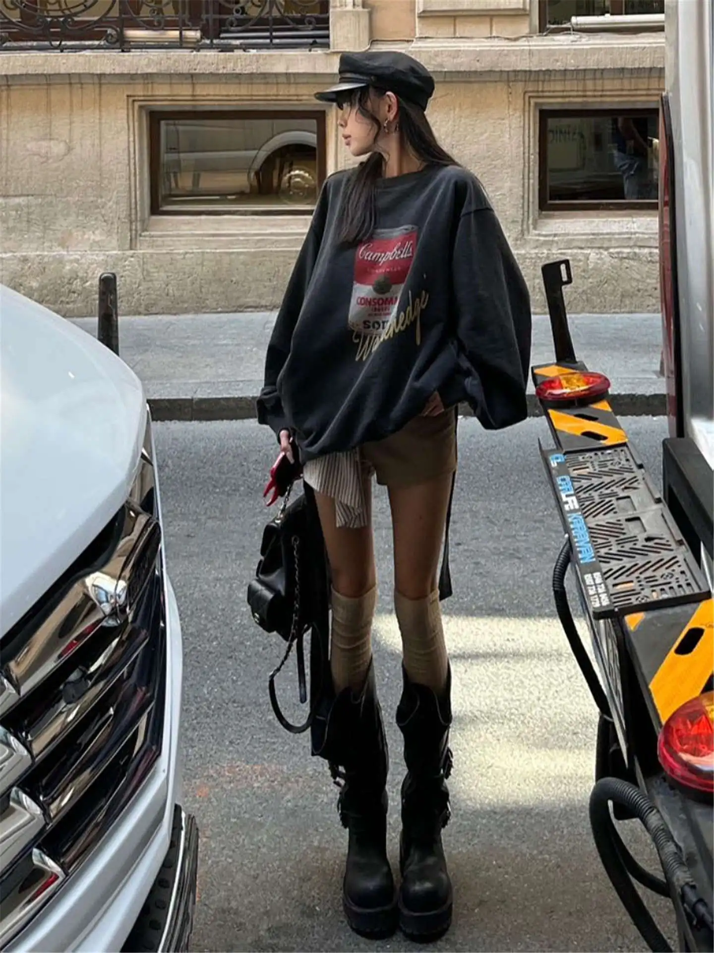 レトロアメリカンハイストリート風 ゆったりラウンドネックフーディー レディース 秋冬ファッション トレンドストリートウェア コットンポリエステル