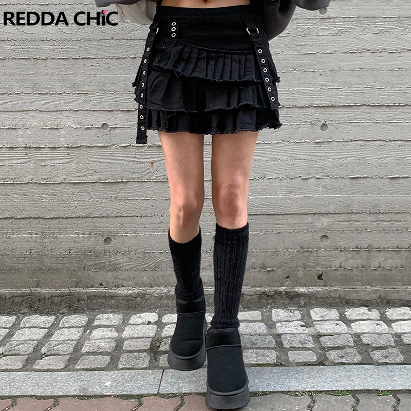 

ReddaChic Low Waist Pleated Mini Skirt Women Irregular Layered Ruffle Summer Casual Frayed Black Denim Skirt Harajuku Streetwear