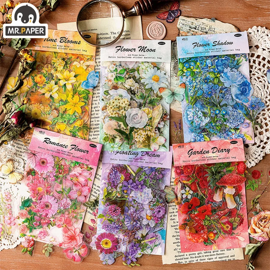 Mr. paper 100pcs/bag ästhetische Blumen aufkleber Literatur Vintage botanische Hand Konto Material dekorative Briefpapier Aufkleber