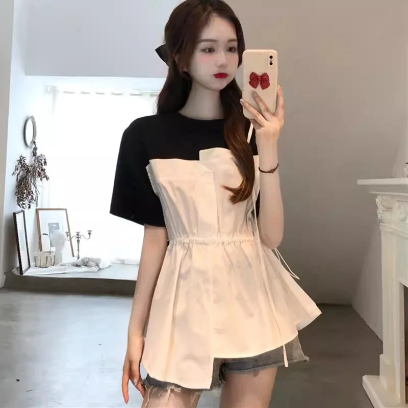 Fat mm Short Sleeved T-shirt for Women in Summer Versatile Waist up Slimming Belly Covering Two Pieces of Age Reducing Fake top