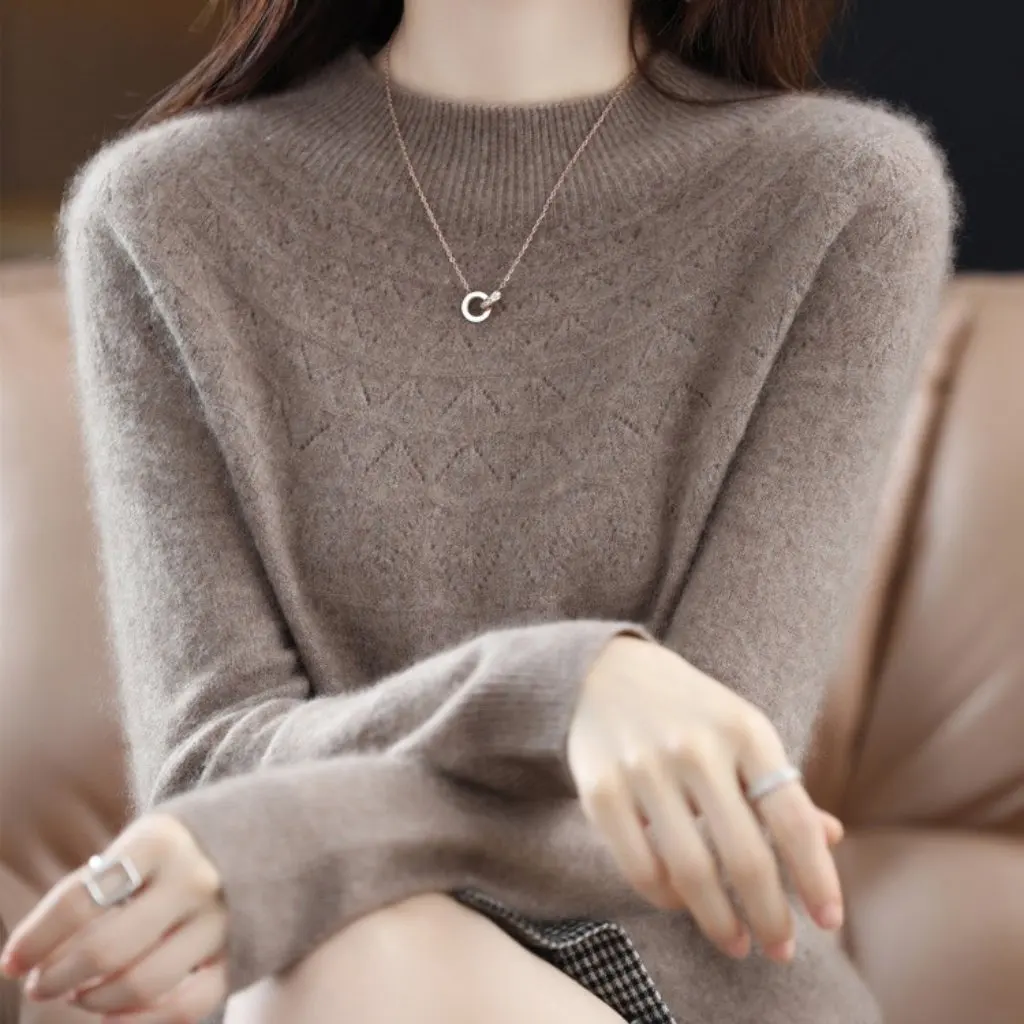 

Women's Autumn Winter Pure Wool Knitwear Half Turtleneck Long-Sleeved Loose Fit Cashmere Bottoming Cut out Design Ready-To-Wear