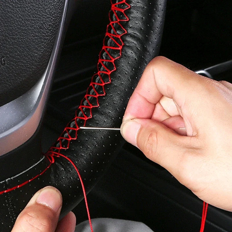 GNUPME Hand-Stitched Steering Wheel Cover 36-40cm DIY Leather Braid on the With Needles Thread Car-Styling Steering Covers