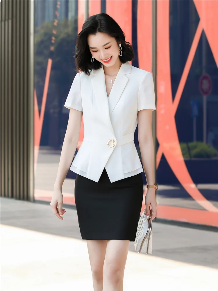 Summer Two Piece Set Women Suits Short Sleeve Blazer And Mini Skirt Elegant High Fashion Chic Lady 2 Piece Set Women blazer Sets