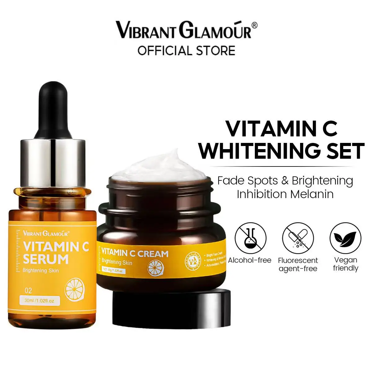 VIBRANT GLAMOUR Отбеливающий крем для лица с витамином С + наборы сыворотки для лица Fading Dark Spot Веснушки Осветляющая эссенция VC 2 шт.