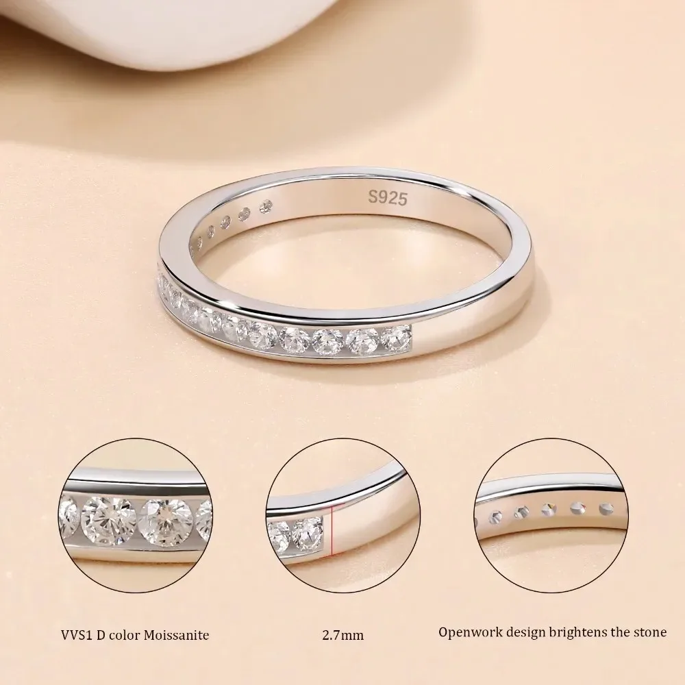 M-JAJA 1.7mm Moissanite Half Eternity Wedding Bands 925 Sterling Silver 18K White Gold Plated D Color Lab Diamond Ring Jewelry