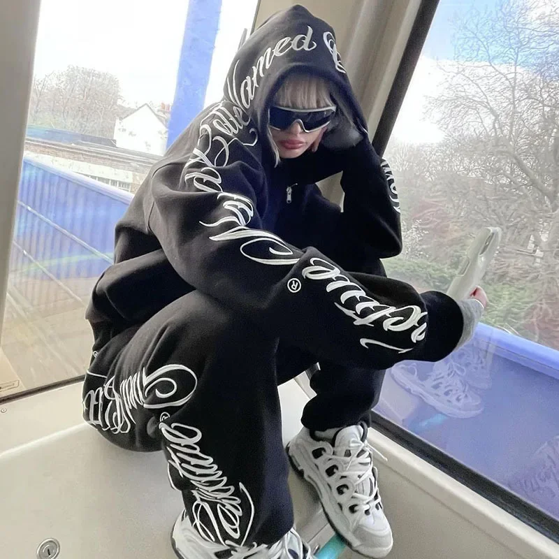 Letter Embroidery Print Hoodies Sweatpants Two Piece Set Gothic Fashion Hip Hop Loose Zipper Sweatshirt Men Women Autumn Jacket