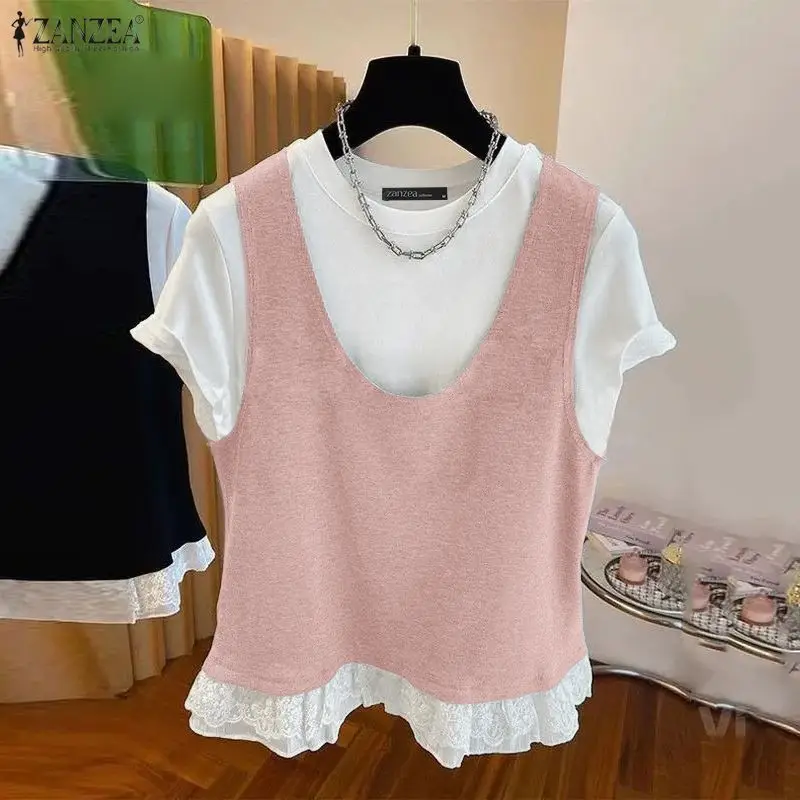 

ZANZEA 2026 Летняя блузка: Стильный женский топ с эффектом двухслойности, повседневная модель с круглым вырезом и коротким рукавом, элегантная рабочая рубашка в стиле пэчворк для женщин