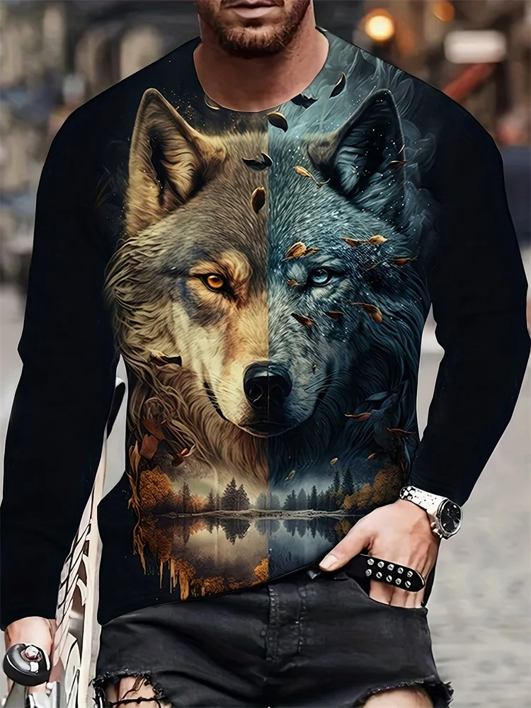 Men's 3D Wolf Long Sleeve T-Shirt Glowing Blue Eyes Graphic Tee Cyberpunk Blue Flame Fantasy Streetwear Pullover Tops Gift