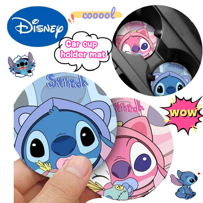 

Disney Stitch & Angel High-Value New Creative Couple Car Universal Waterproof Coaster Anime Cartoon Cup Holder Decorative Mat