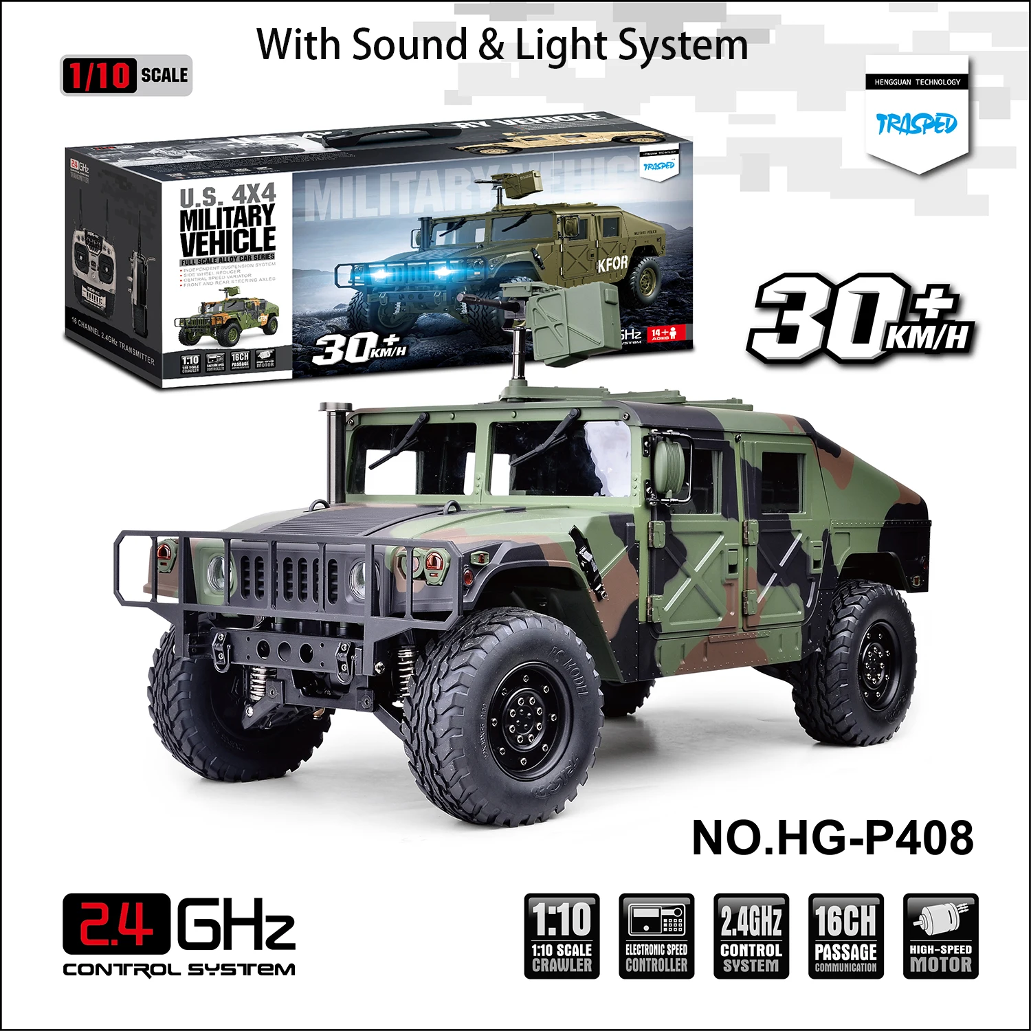 1/10 RC HG Racing Car 4*4 U.S. Military Vehicle P408 ESC Motor Sound Radio Light Toy Model Gifts