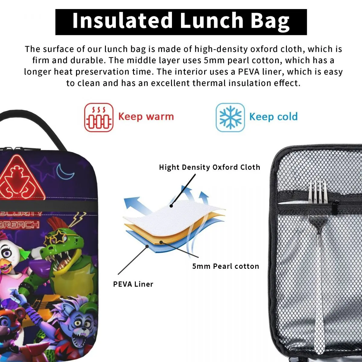 FNAFS Horror Reasoning Video Game Insulated Lunch Bag Cooler Bag  Lunch Container Large Tote Lunch Box Bento Pouch School Picnic