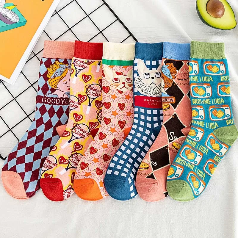 Ladies Fashion Personalize Cotton Socks Cartoon Cat Geometric Splice Versatile Comfortable Warm Street Men Women Crew Socks B126