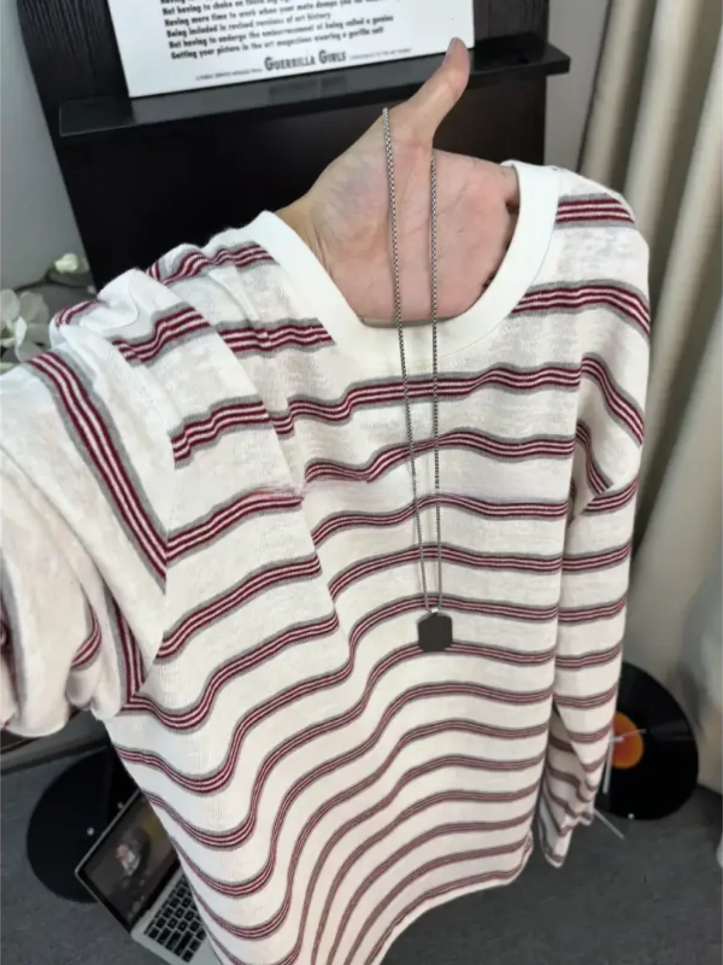 Korean Style Long Sleeve T-Shirt Men's Autumn Thin Breathable Casual Cover up Color Block Stripe Inner Wear Base Shirt Top