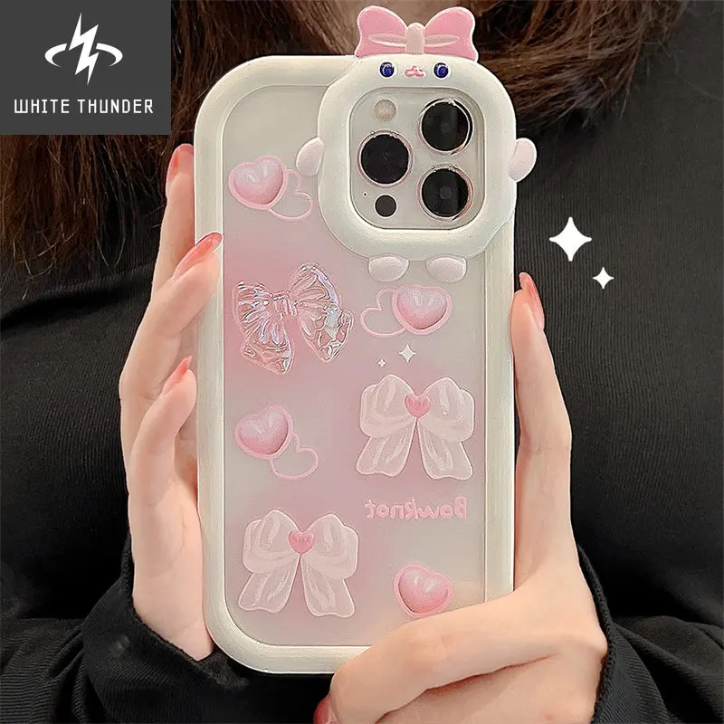 Creative Sweet  Bear Frame Pink Three-dimensional Bow Tie Love 2 in 1 Anti-fall Shell For iphone 11 12 13 14 Pro Max Phone Case