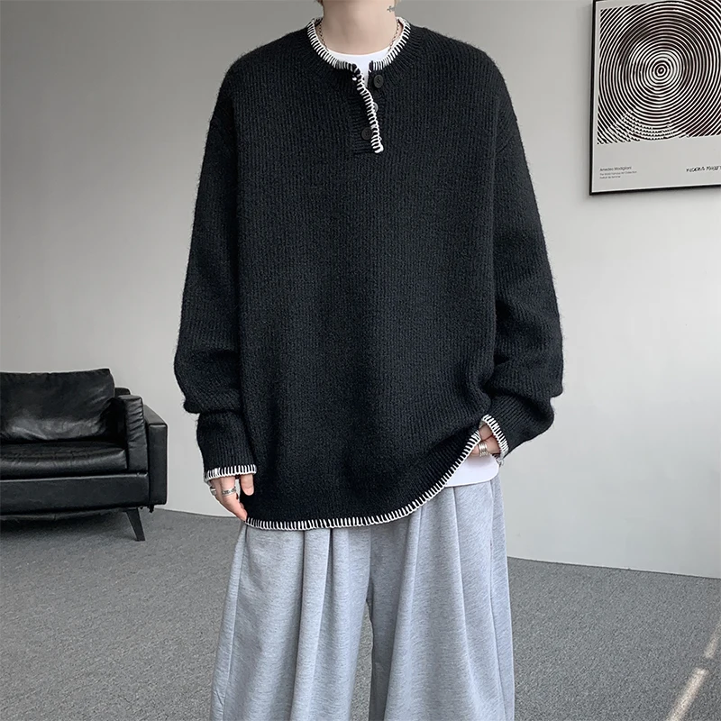 الشتاء الأخضر سترة الرجال الدافئة الأسود بلوفر مغزول الرجال الشارع الشهير الكورية فضفاضة طويلة الأكمام سترة رجالي البلوز الملابس #3