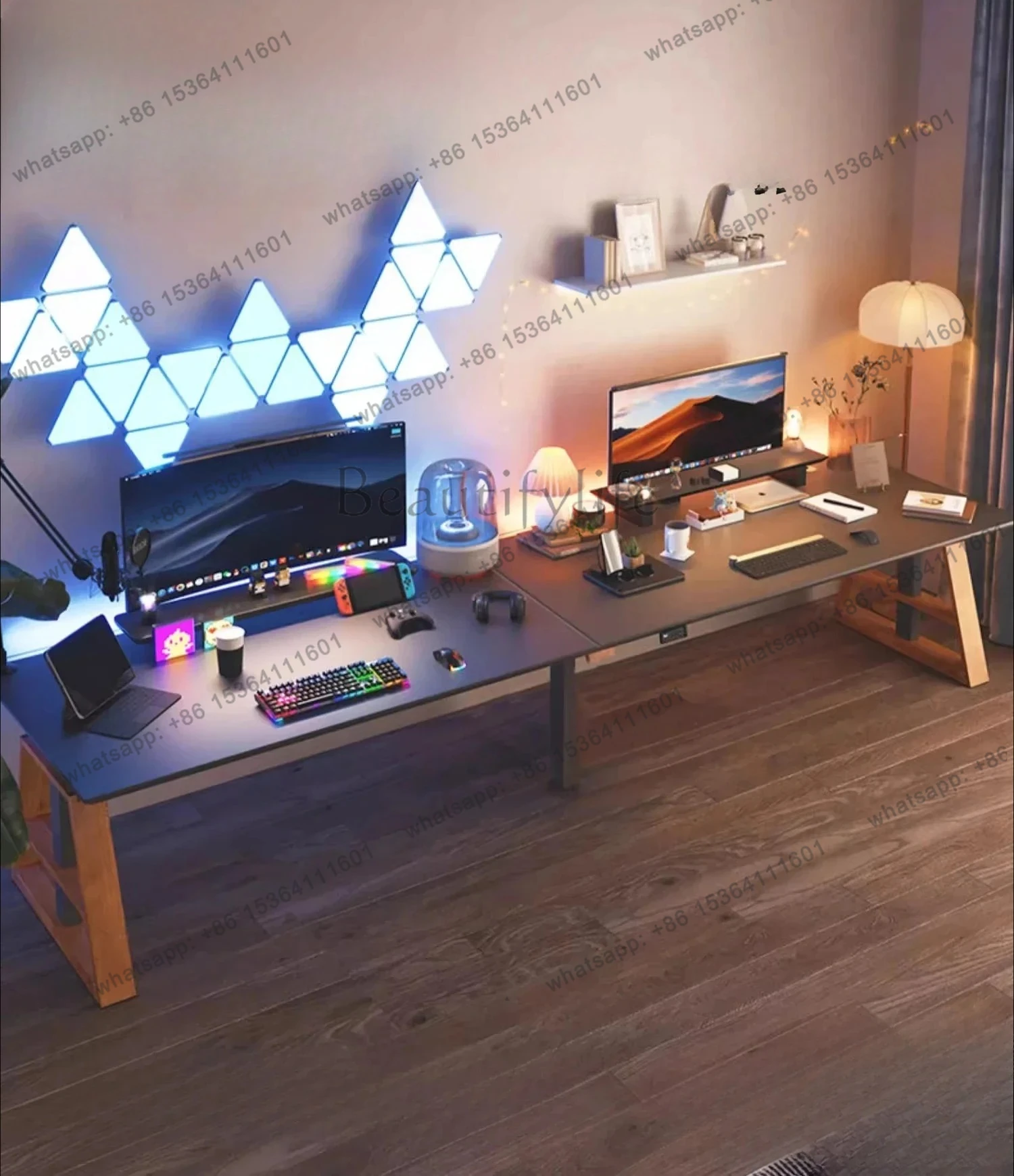 

Double standing electric lifting table Solid wood office desktop Home desk Extended electric table