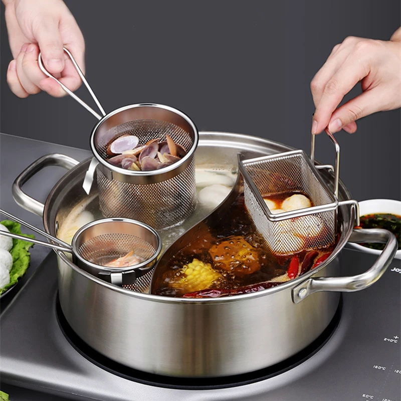 

Stainless Steel Hot Pot Colander with Sieve Strainer Spoon for French Fries Pasta Hook Noodle Drainer Filter Mesh Kitchen Tools