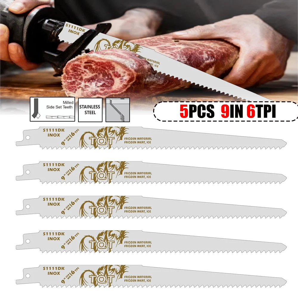 2/5Pcs-S1111DK Reciprocating Saw Blades Set 9in 6TPI Stainless Steel Frozen Food Cutting  Universal Frozen Beef Bone Cutting