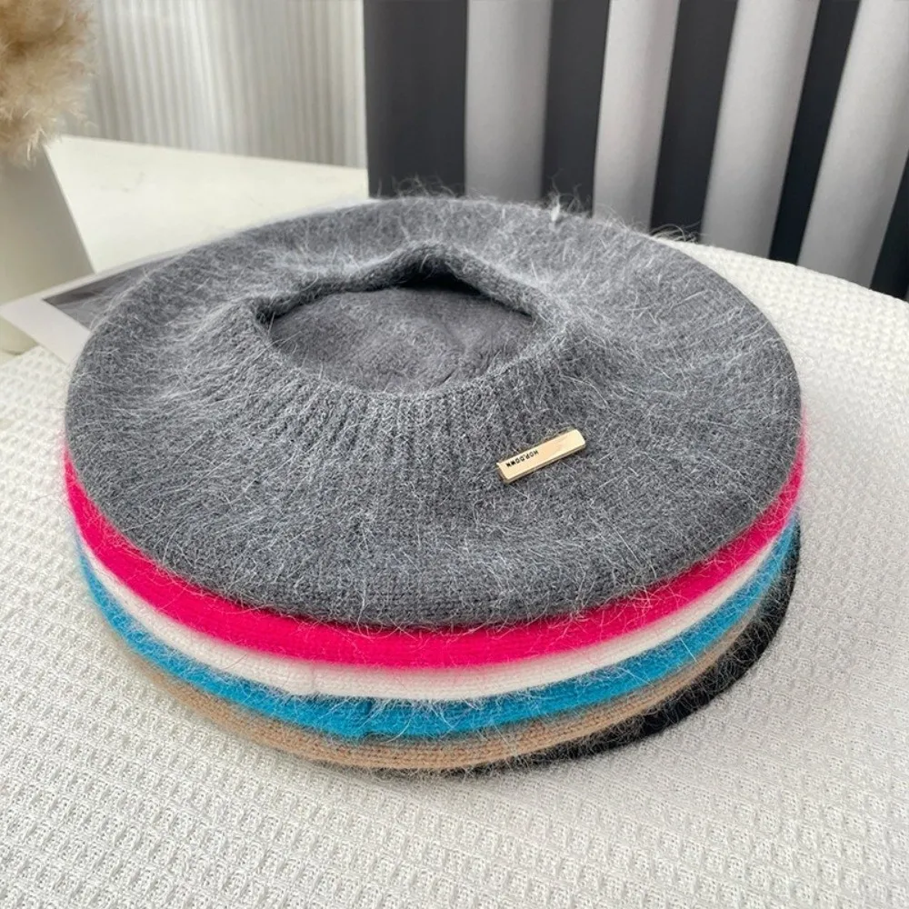 Retro Warm Woolen Crochet Knitted Hat Solid Color Metal Label Beret Hat Anti-cold Knit Cap Winter