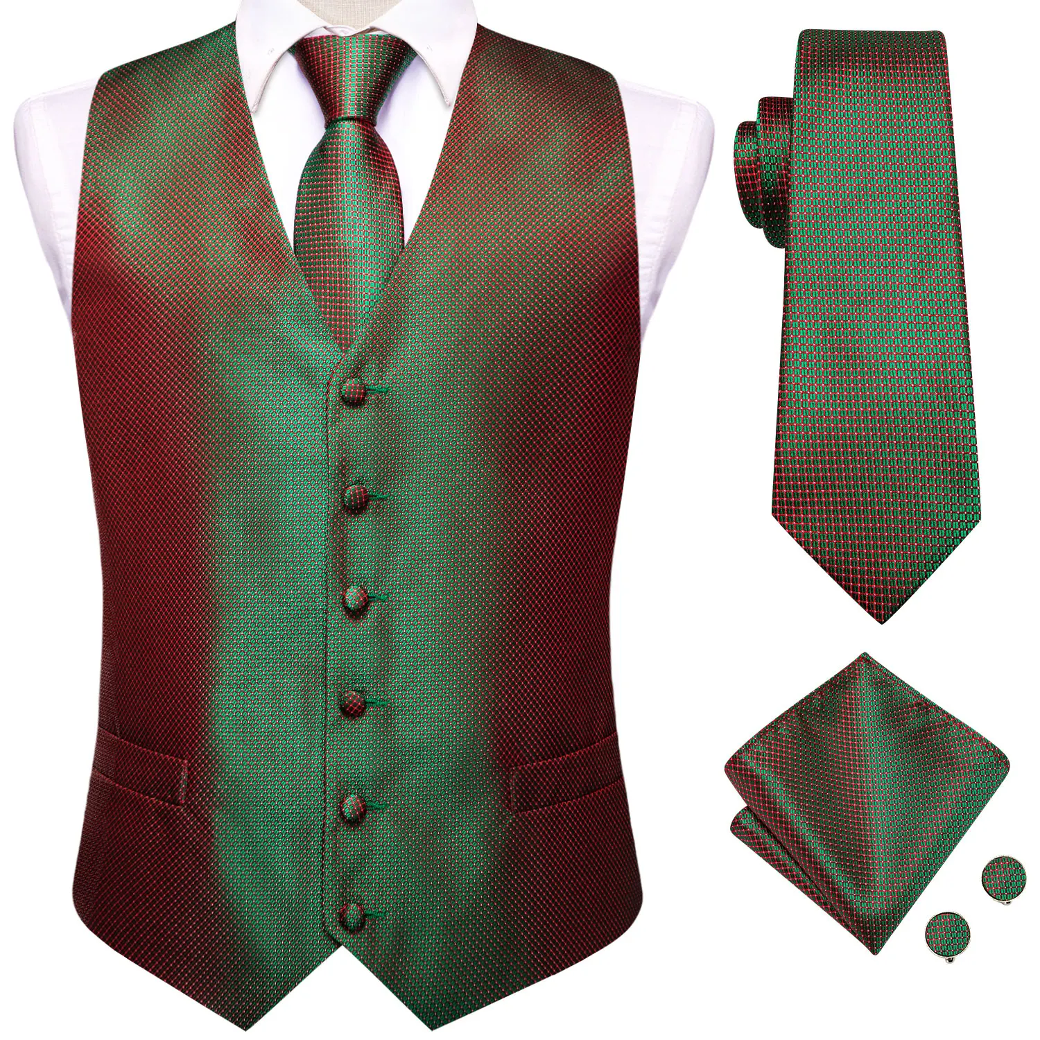 

Дизайнерский мужской костюмный жилет с жаккардовым узором в клетку, зеленый с красным, с галстуком, платком-паше и запонками, комплект для свадьбы, деловых встреч и вечеринок