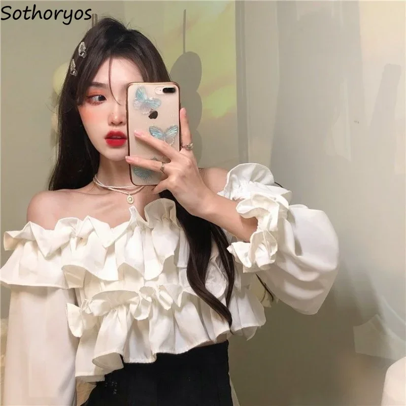 Blouses Women Slash Neck Students Elegant Sexy Daily Ruffles Solid Spring Sweet Soft All-match Simple Designer Korean Style Slim