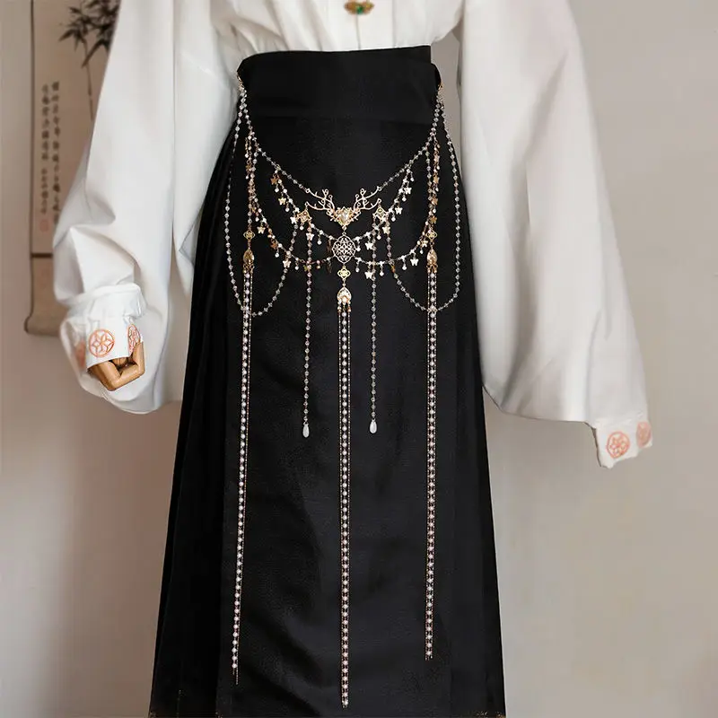 ‌ 수제 한복 허리 체인 - 긴 진주 프린지 펜던트 당나라 스타일 중국 의상 액세서리 여성용 허리 장식