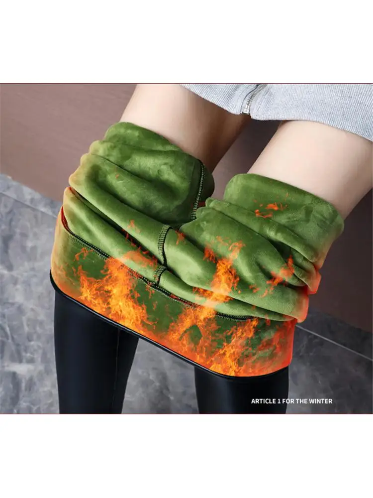 Pantalón de cuero para mujer de 40-75KG, mallas con forro polar para invierno, cintura negra, grueso, cálido, pelusa de cordero, mallas ajustadas tipo lápiz, Pantalones 2026