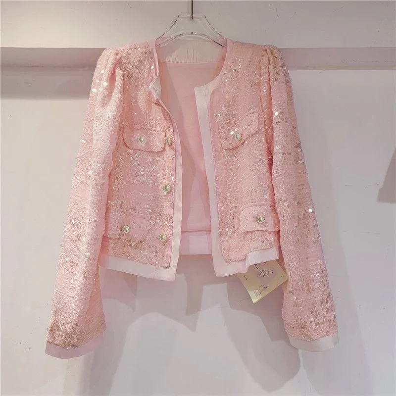 Women\'s Korean Outerwear Cardigan Splicing Sequin Jacket 2024 Spring Female Long Sleeved Stylish Socialite Versatile Slim Jacket