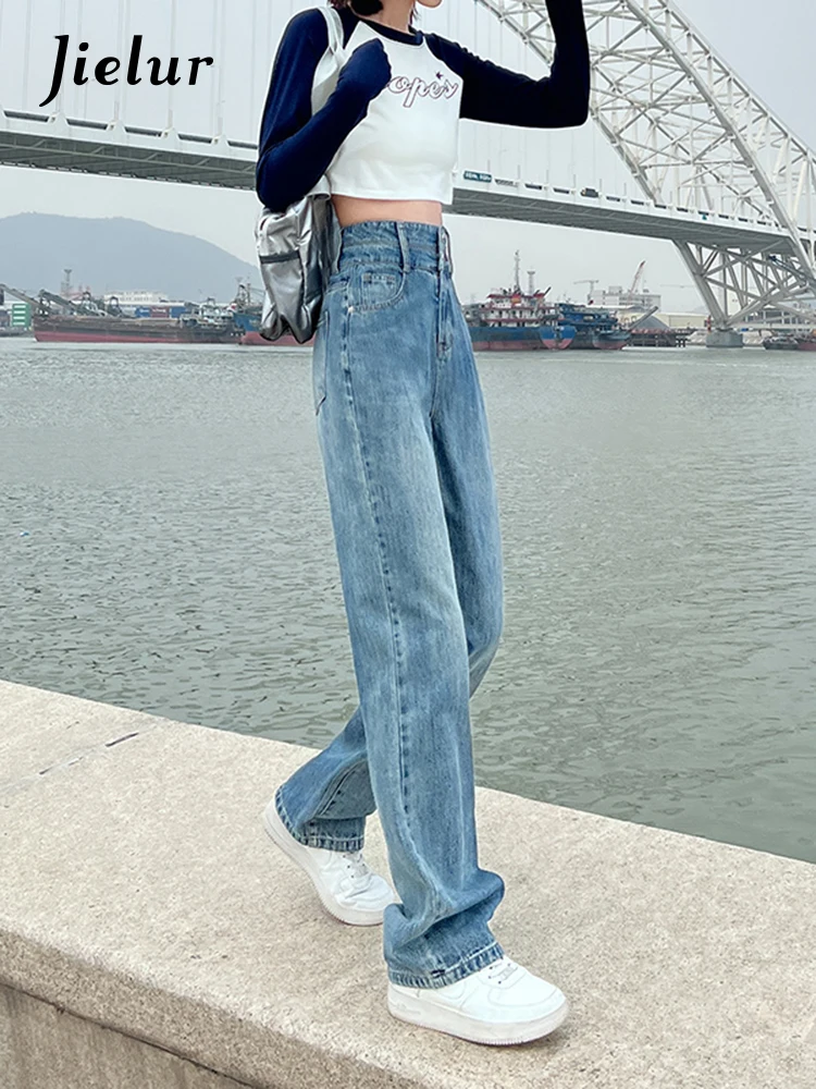 Jielur Herbst neue einfache Basic Street Chicly Jeans Frau hohe Taille schlanke Basic Jeans weibliche blaue Mode gerade Frauen Hosen