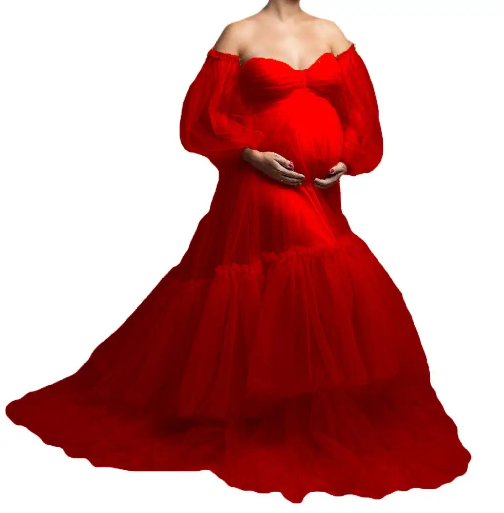 Nowe suknie balowe sesja zdjęciowa suknie damskie macierzyński tiul szata Sweetheart z długim rękawem fotografia rekwizyty sukienka
