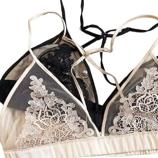 

KUCLUT Embroidered lace ultra-thin non-steel ring triangle cup beauty back bra set hollow mesh underwear bras show small