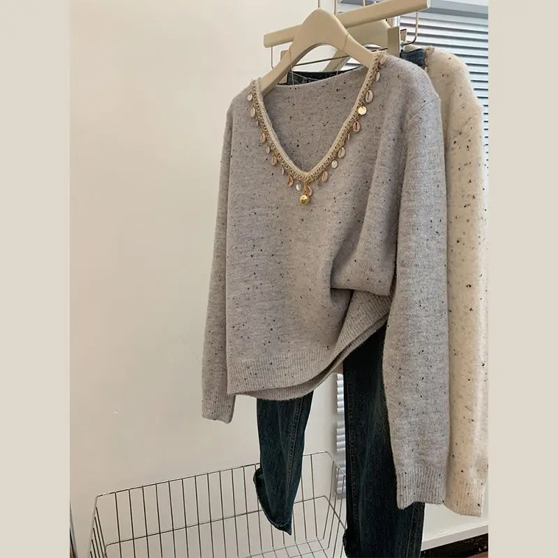 Women\'s Stylish Vintage Sequins Chic Knitted Sweater Autumn Winter Printed V Neck Long Sleeve Loose Pullover Tops Female Jumpers