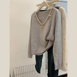 Women's Stylish Vintage Sequins Chic Knitted Sweater Autumn Winter Printed V Neck Long Sleeve Loose Pullover Tops Female Jumpers