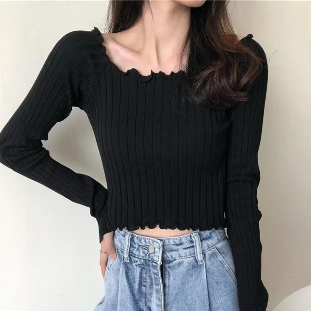 Women Long Sleeve Top Soft T-shirt Stylish Women's Knitted Sweater Short Sleeve Boat Neck Pullover Lady Soft Sweater