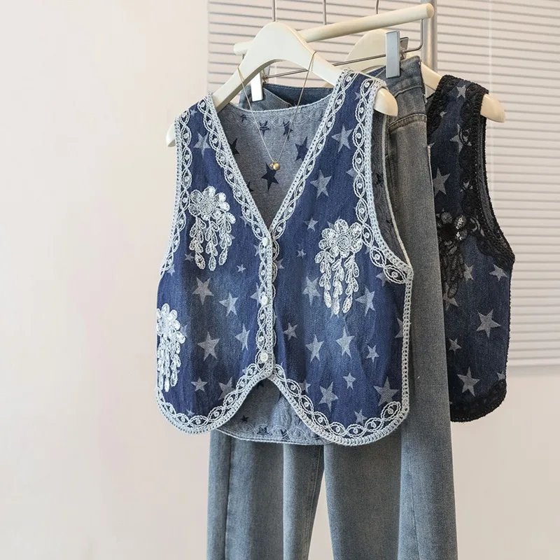 Retro Embroidered Denim Jacket Unique  Vest Women's Spring Autumn Design Layering Versatile Top Girl's Open Cardigan