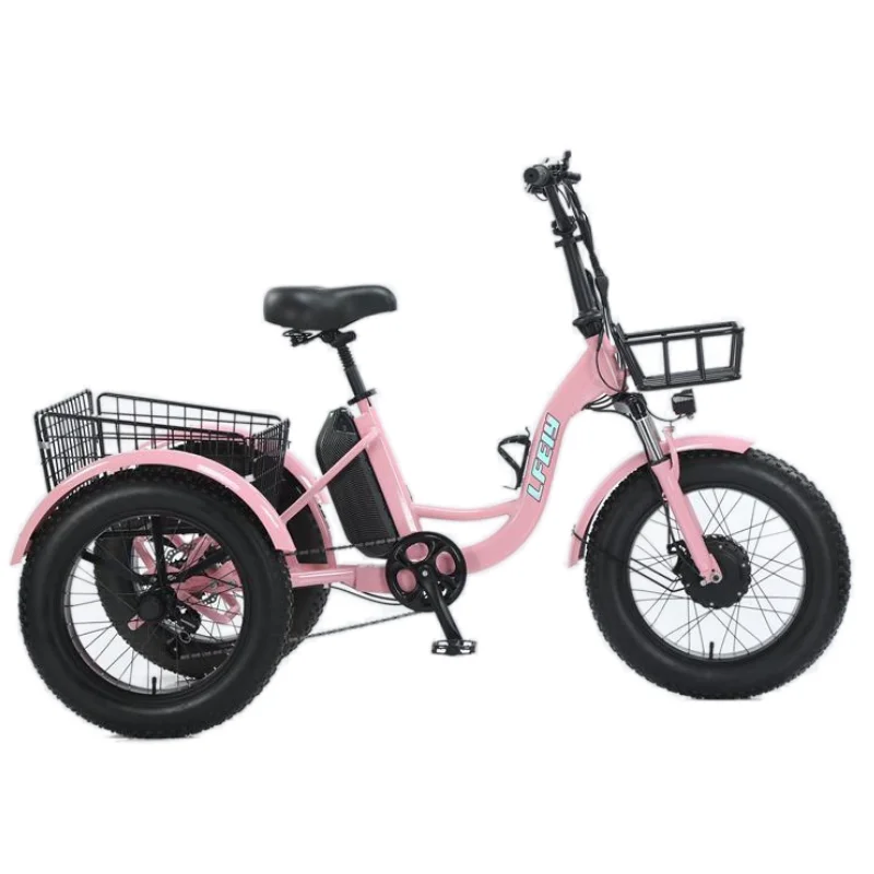 New 3 Wheel Fat Tire Adult Electric Bike Women City 500W 20 Inch Family Cargo Electric Tricycle With 2 Baskets Removable Battery