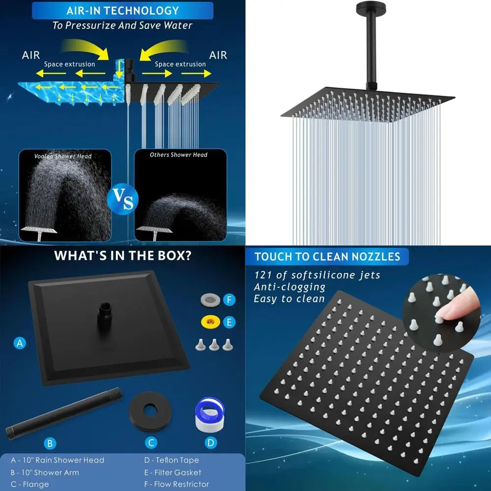 

10-inch Matte Black High Flow Ceiling Shower Head with Metal Arm and Flange for Full Body Waterfall Coverage