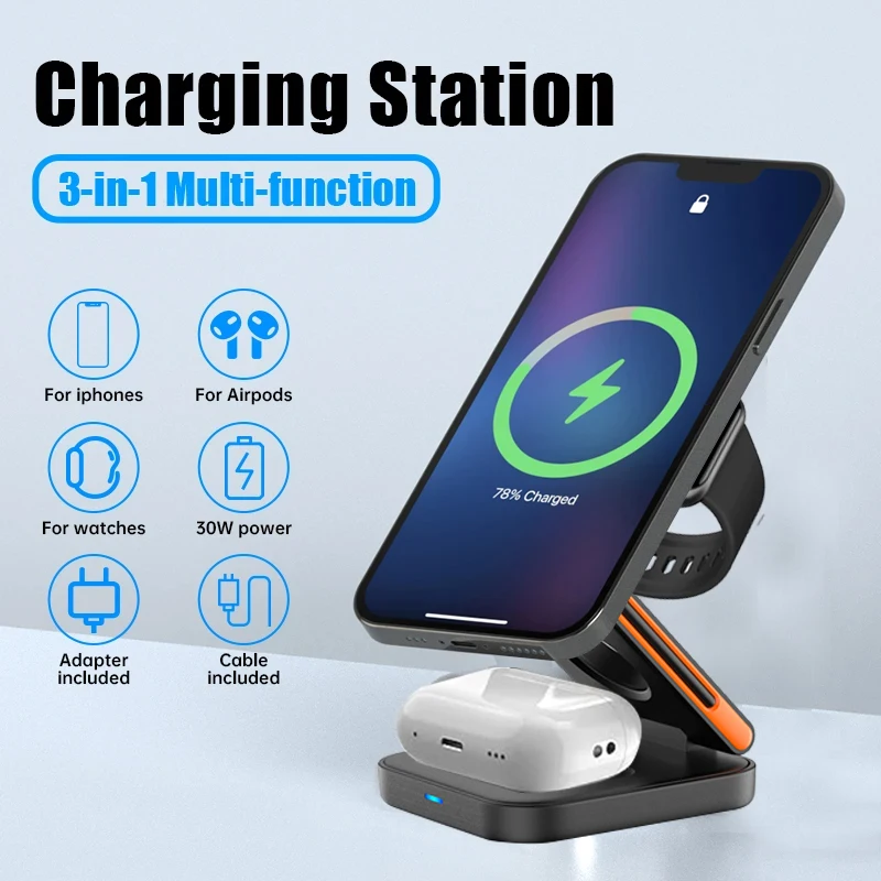 30W 3 in 1 Foldable Charging Station Fast Magnetic Wireless Charger Stand for iPhone 15 14 13 12 Apple Watch 8 7 6 Airpods Pro