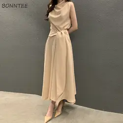 Dresses Women Summer Ladies Pile Collar Sleeveless A-line Simple Office Bandage Solid Designed Elegant Temperament Attractive