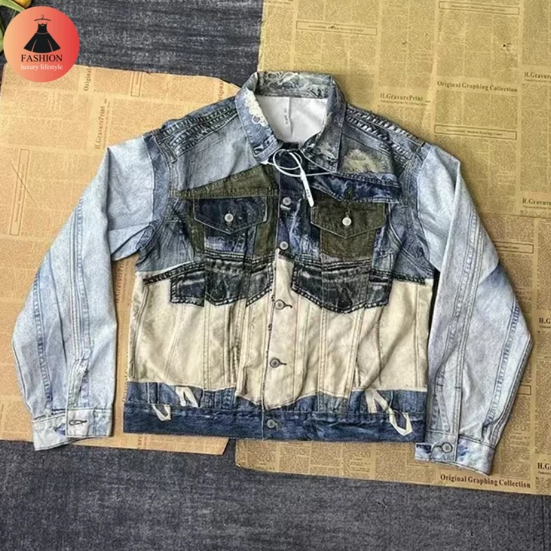 Jaket Denim desain Vintage Pria Wanita, 24SS injeksi langsung Digital Industri berat 3D ilusi tambal sulam dicuci tambalan