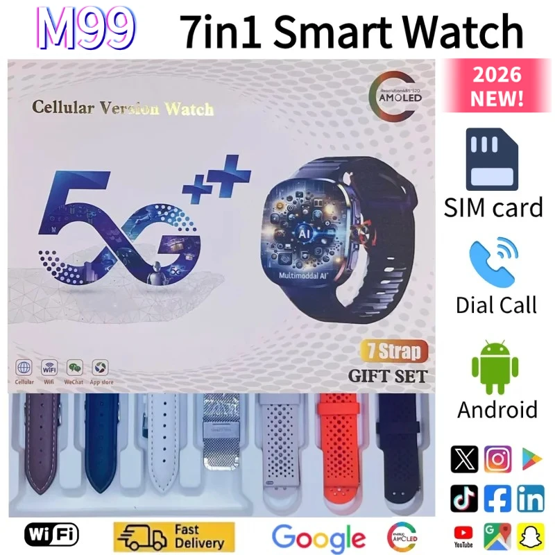 Nouvelle montre connectée M99 5G, écran AMOLED de 2,4 pouces, système d'exploitation Android, caméra rotative, appels, carte SIM, Wi-Fi, fréquence cardiaque, Bluetooth, GPS, Google Play