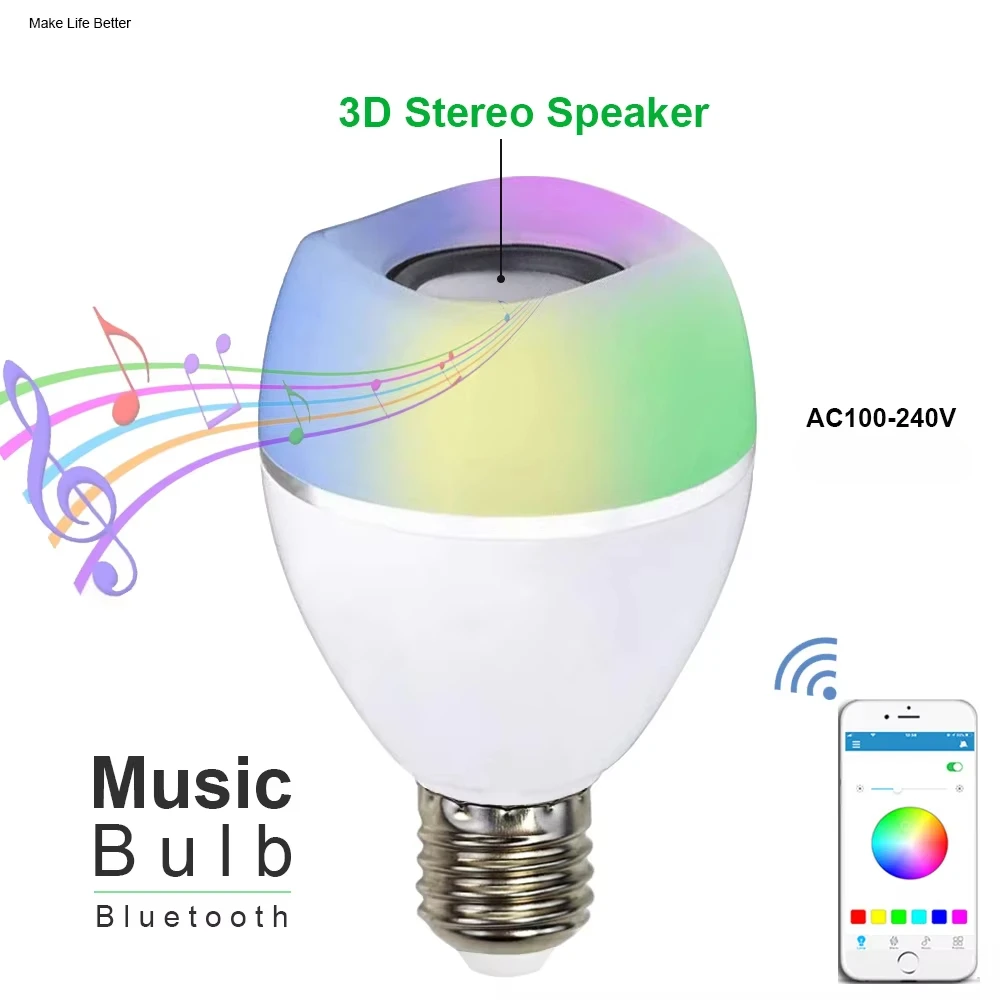 Music Speaker Lamp LED Bluetooth Bulb with 3D Heavy Bass Smart Hi Fi Light 7W RGBCW AC110 AC220V Subwoofer Lighting