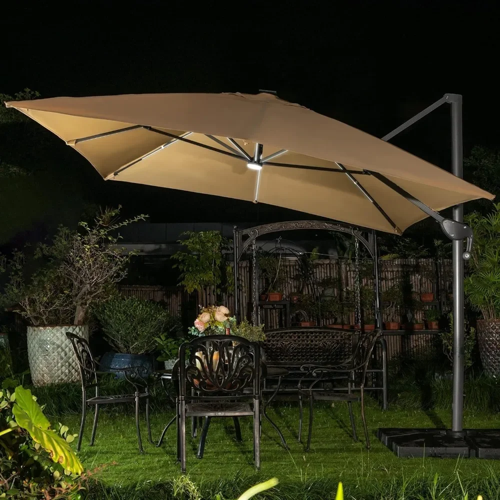 Outdoor umbrella, solar LED cantilever sunshade umbrella with 360 ° rotation and integrated tilted square bias sunshade umbrella